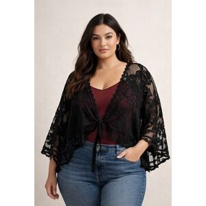 Black Crochet Lace Tie Front Shrug Bolero Women's Plus Boho Cottagecore